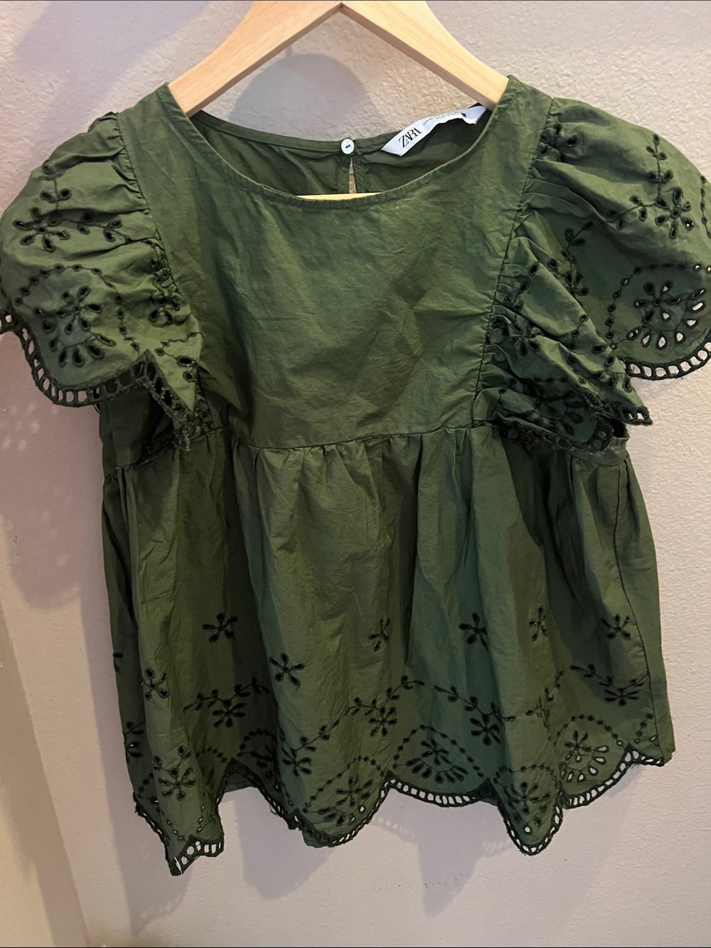 Zara Olive Green Eyelet Peasant Top